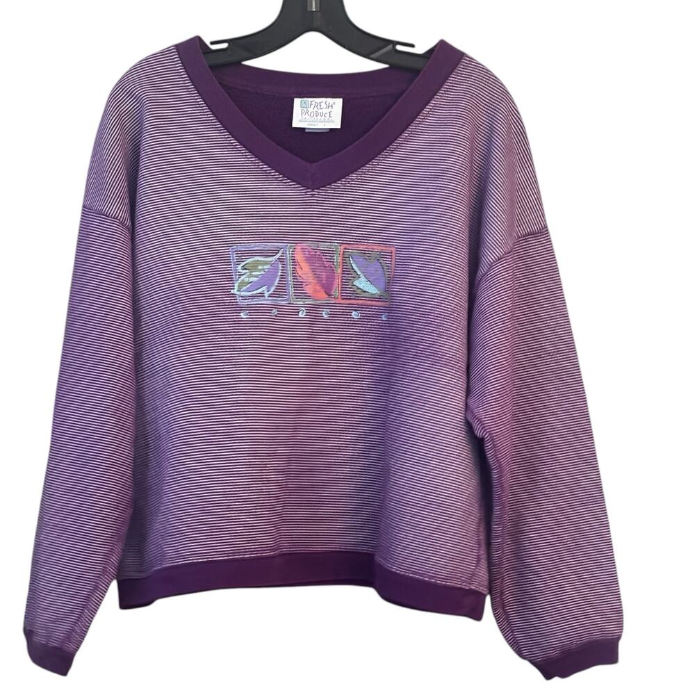 Fresh Produce V-neck Sweatshirt Purple Stripe L 100% Cotton Long Sleeve Beachy - Picture 11 of 11